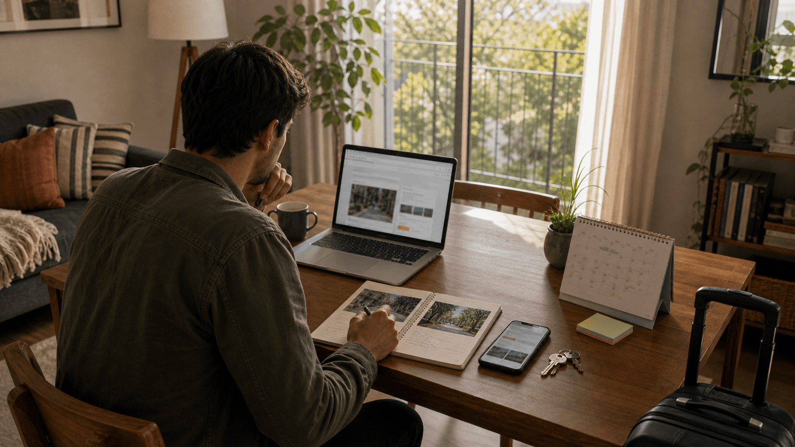 Traveler reviewing monthly furnished apartment booking details before choosing between Narvarte and Roma Norte for a long stay in Mexico City.