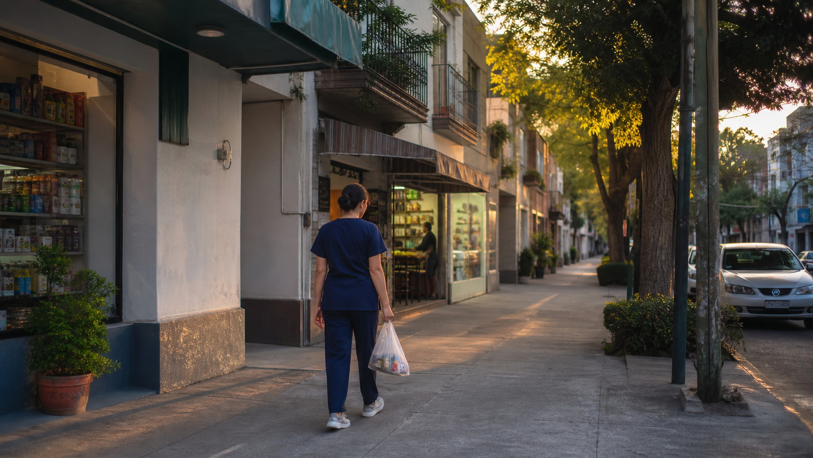 Personal medico camina por una calle residencial tranquila de Narvarte con farmacia y comida sencilla cerca para una estancia mensual