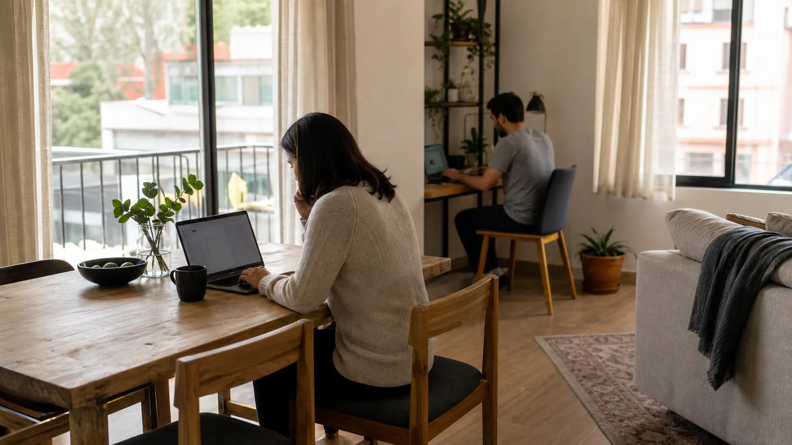 Two remote workers using separate work zones in a furnished apartment during a monthly stay in Mexico City.
