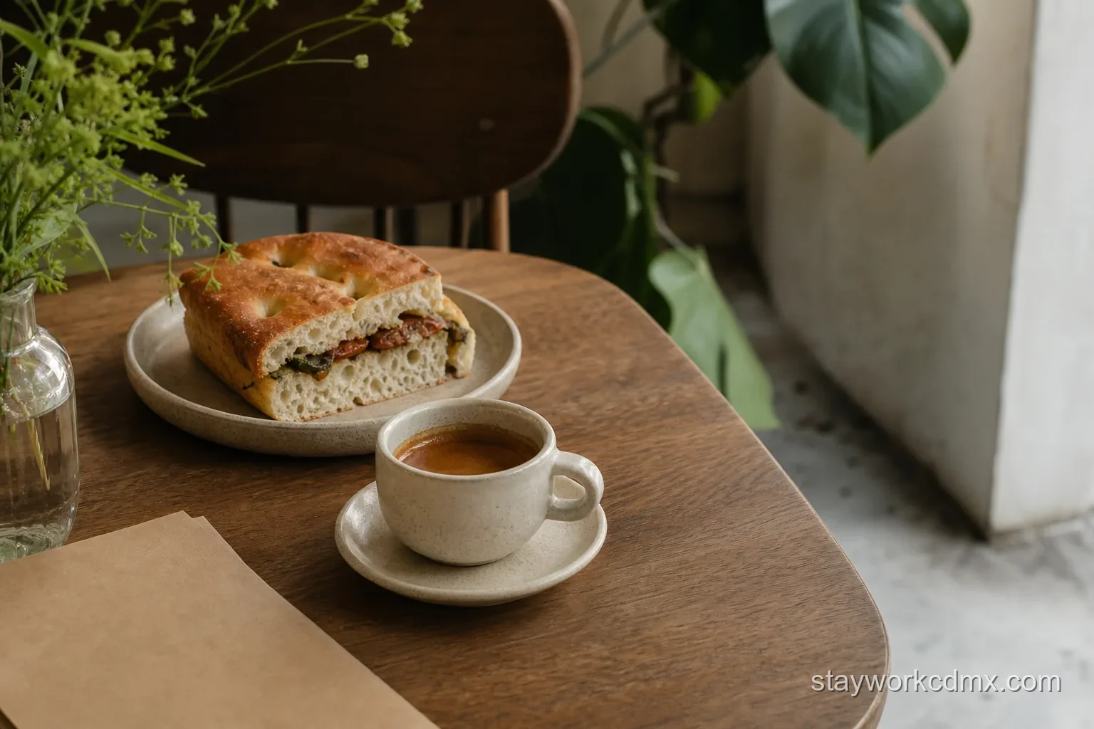 Coffee and focaccia sandwich on a sunlit café table in Narvarte, Mexico City