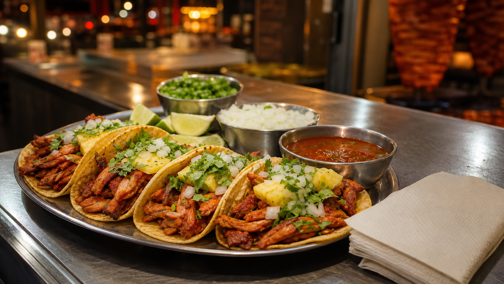 Illustrative al pastor tacos with salsa and lime at a Mexico City taquería