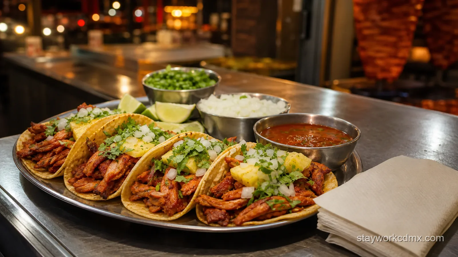 Illustrative al pastor tacos with salsa and lime at a Mexico City taquería