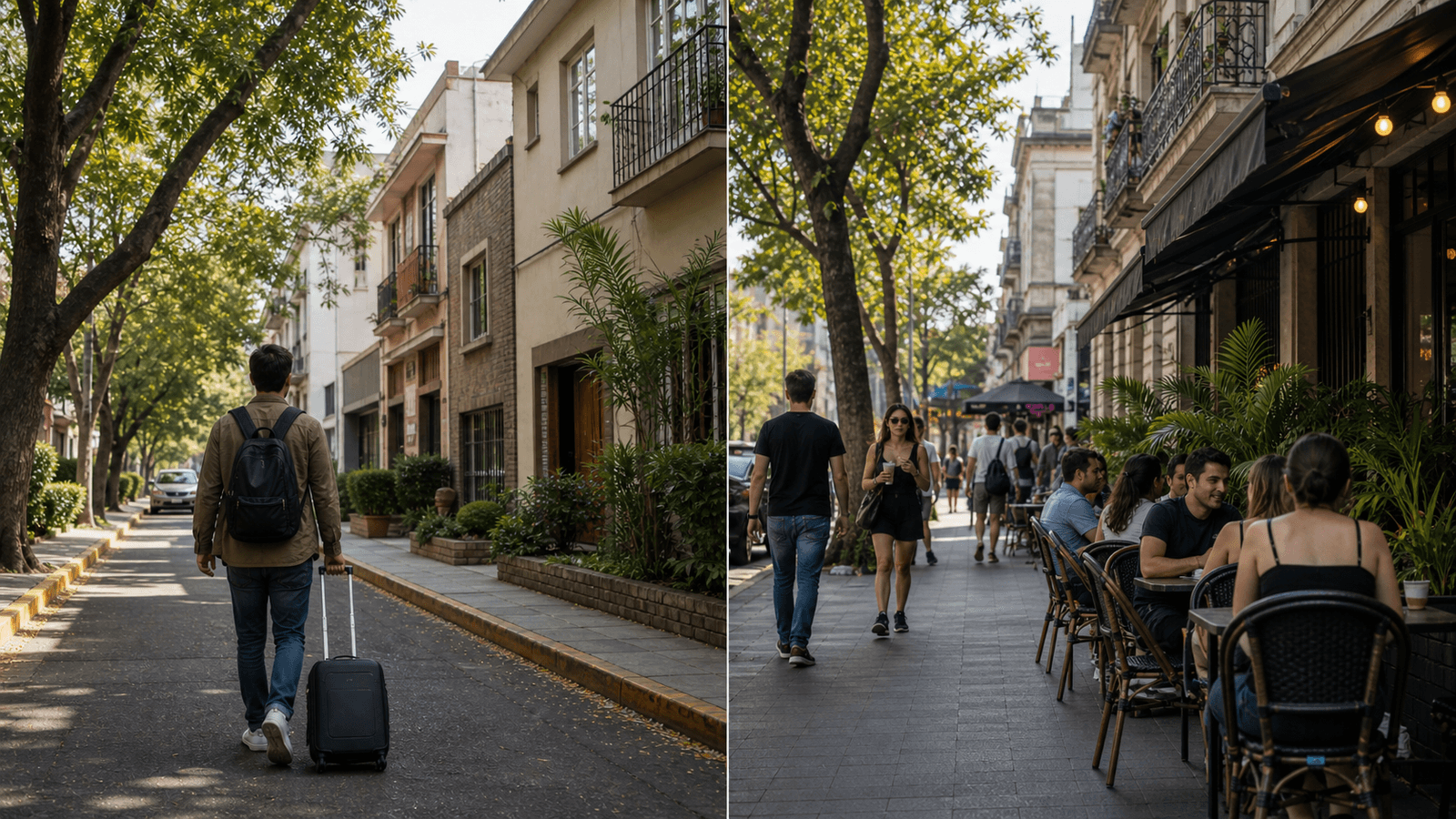 A split view comparing a quiet Narvarte residential street with a lively Roma Norte cafe corridor for monthly stays in Mexico City.