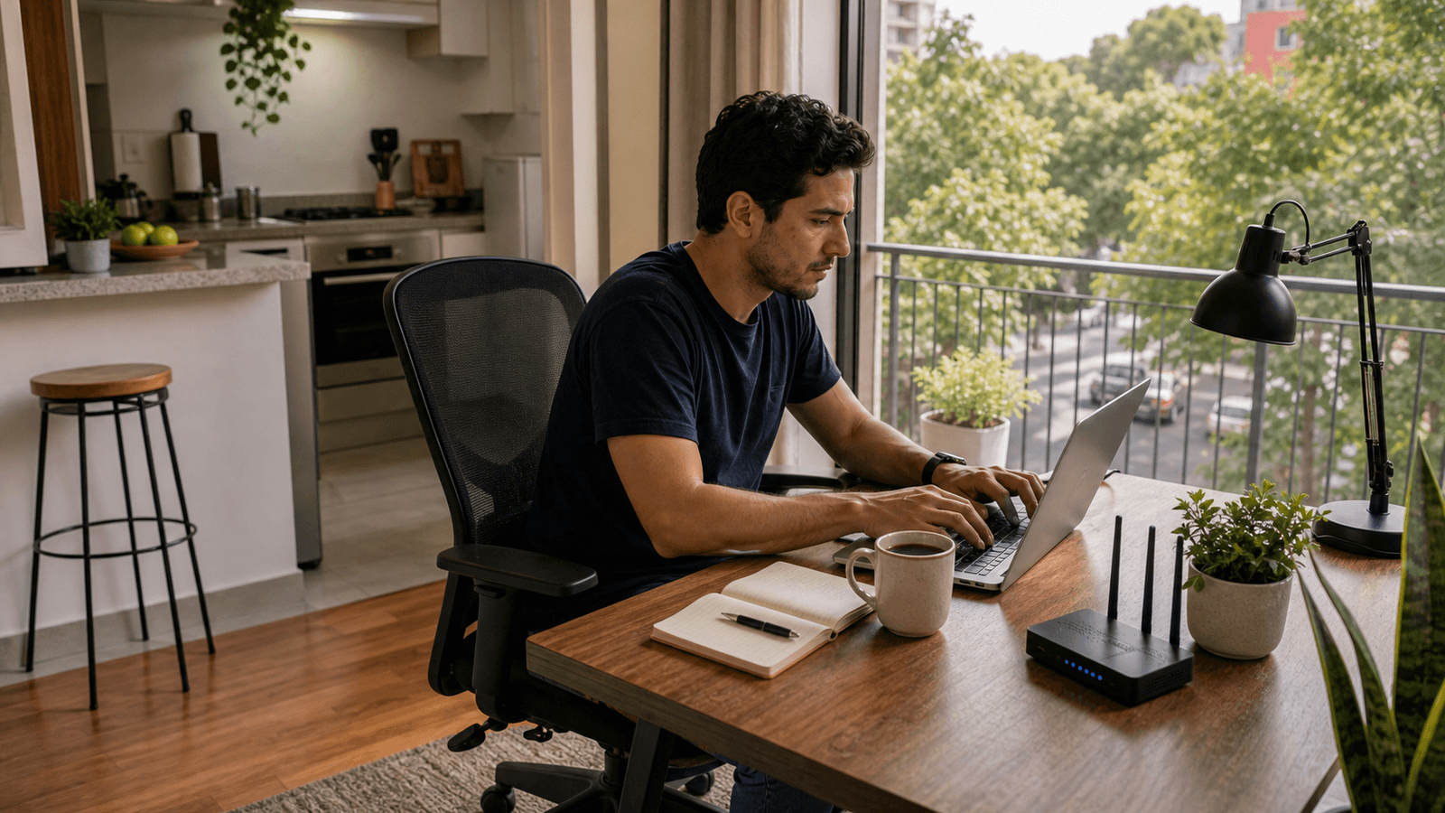 Digital nomad working from a furnished Narvarte apartment with a real chair, router, kitchen, and residential street view in Mexico City.