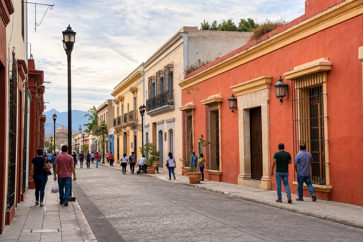 Calle colonial en Oaxaca de Juárez con ritmo caminable y vida local de barrio.