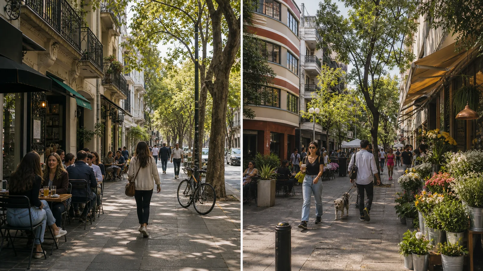 Side-by-side neighborhood rhythm comparison of Palermo in Buenos Aires and Roma Norte in Mexico City.