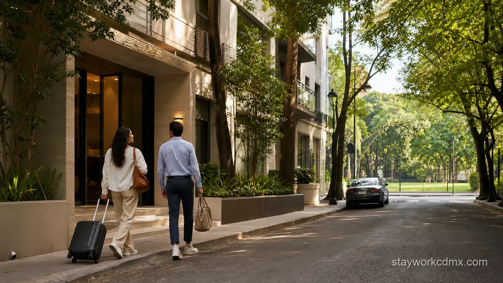 A couple walks a quiet, tree-lined Polanco street near Chapultepec beside polished apartment buildings and a reserved rental entrance.