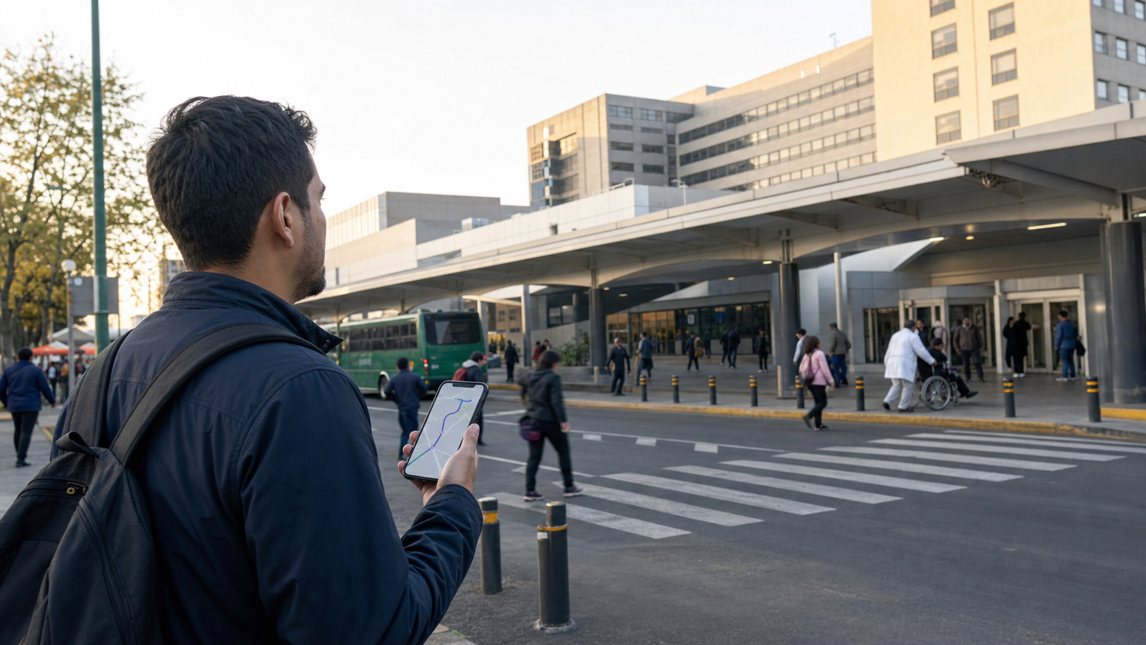 Huésped verifica en su celular la ruta hasta una entrada específica de un complejo médico grande antes de una estancia mensual.