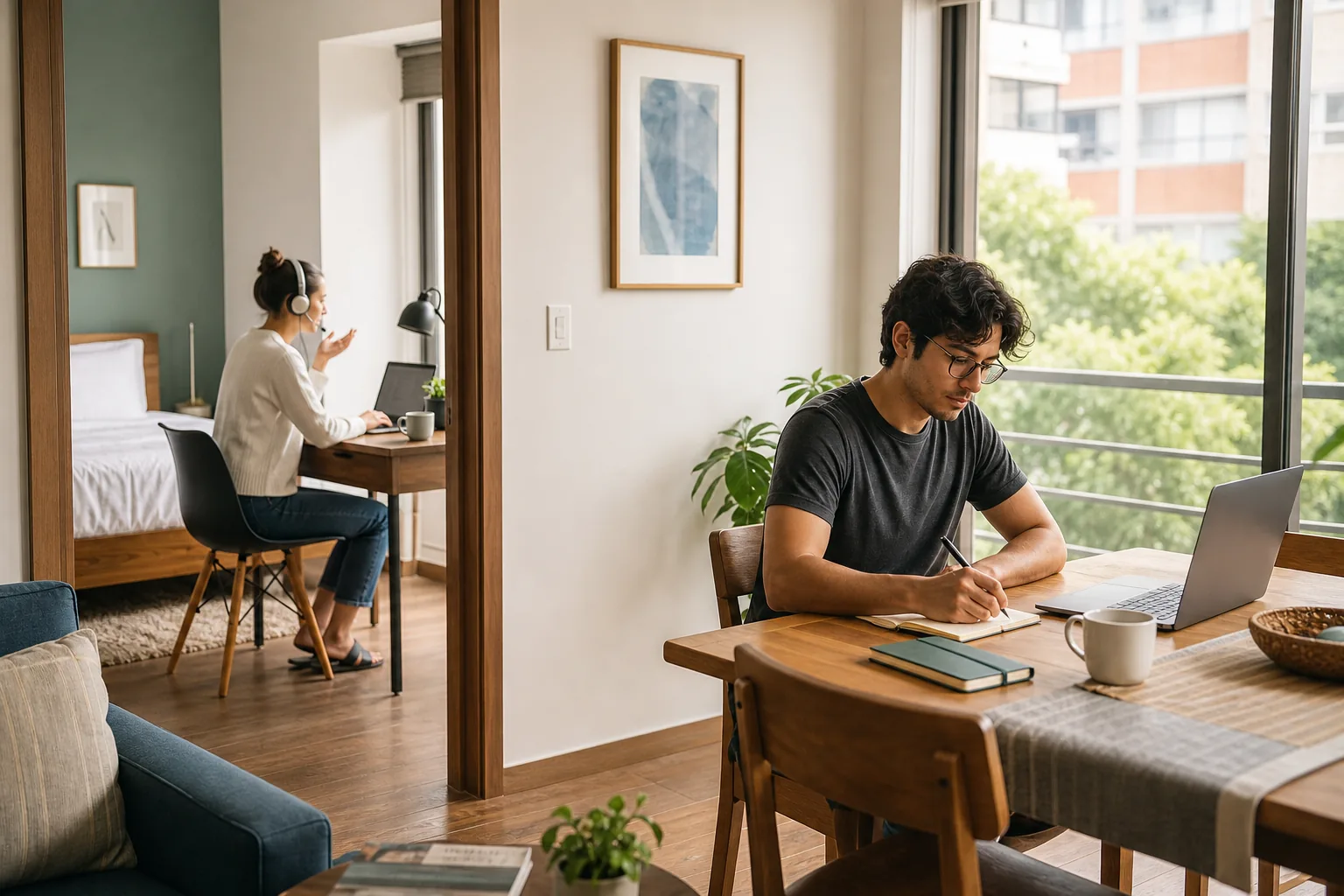 A remote-work couple using separate laptop workstations in a bright Narvarte two-bedroom apartment during a monthly stay in Mexico City.