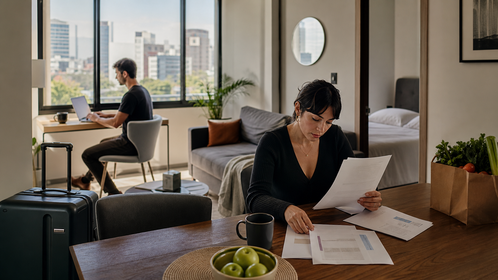 Remote worker couple managing relocation paperwork during a long stay in a furnished Mexico City apartment.