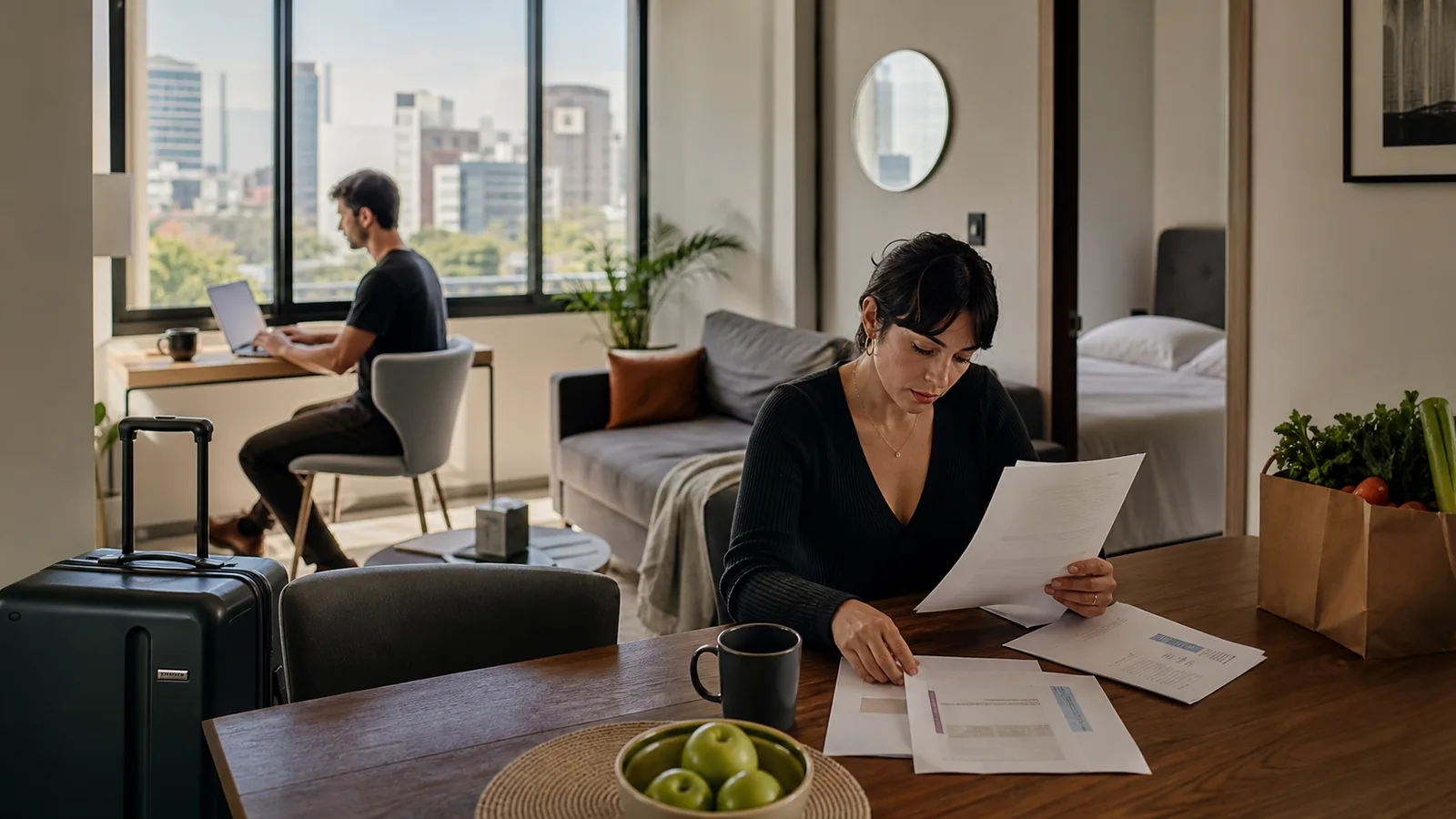 Remote-work couple planning a long Mexico City stay from a furnished apartment.