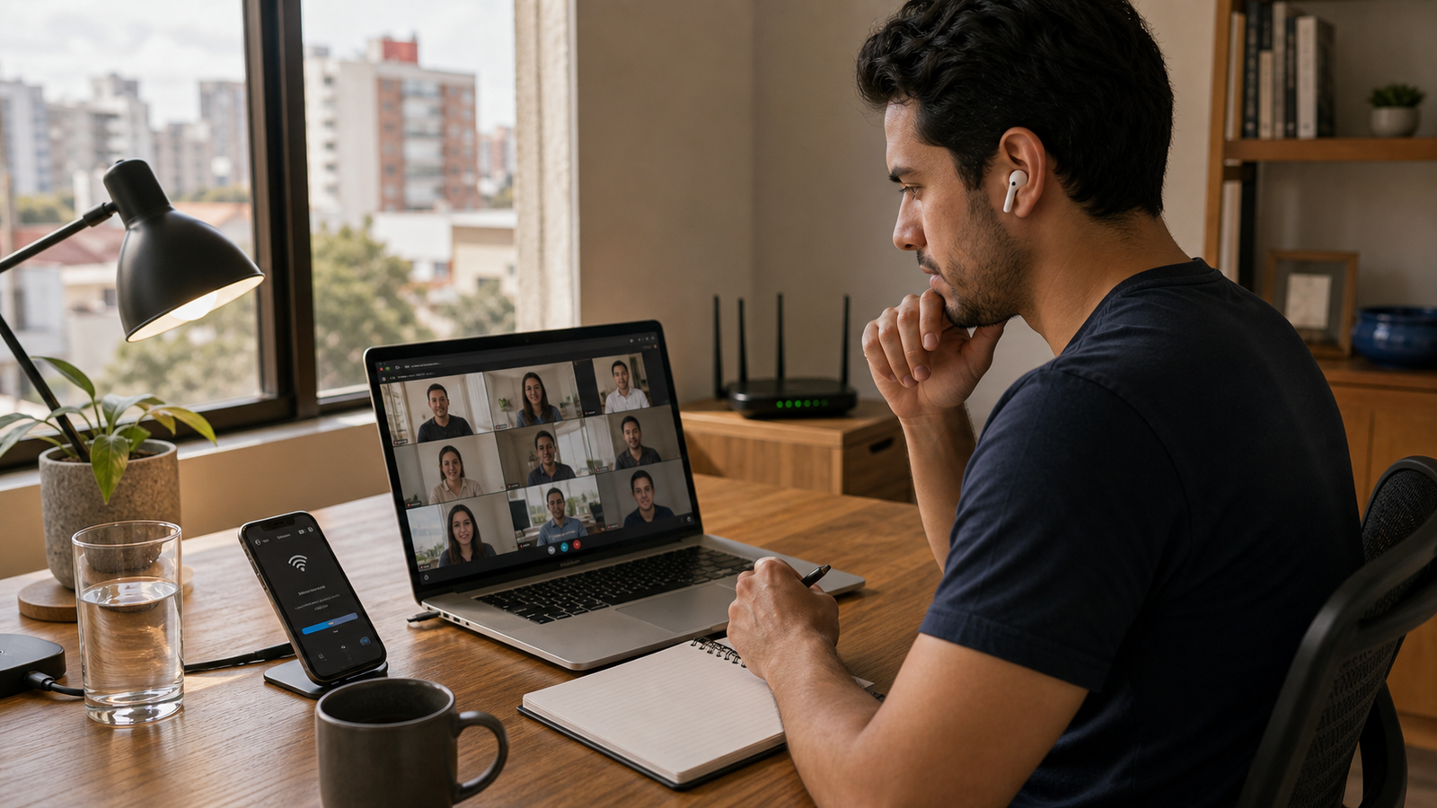 Mexico City remote worker protects Tuesday to Thursday video calls with water visible, a backup phone hotspot, and a focused apartment desk.