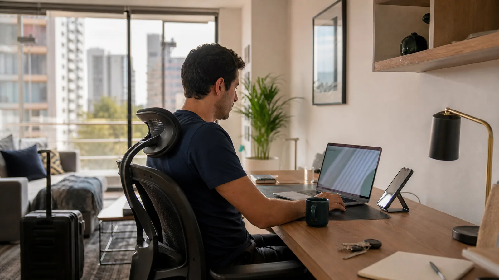 A remote worker uses a phone hotspot backup at a dedicated desk inside a bright furnished CDMX apartment.