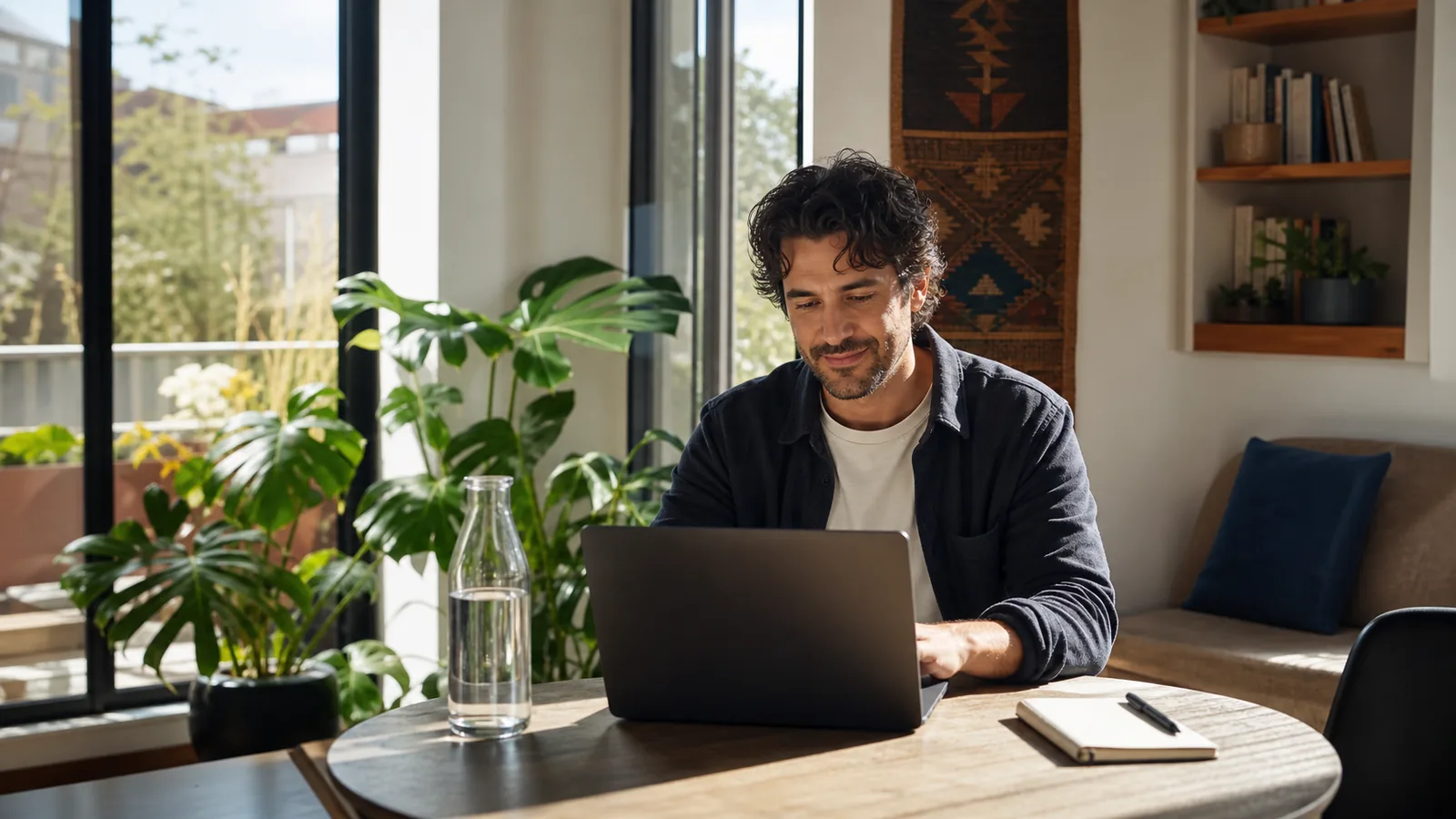 A remote worker feels settled after adjusting to Mexico City altitude while working comfortably in a bright furnished apartment with water nearby.