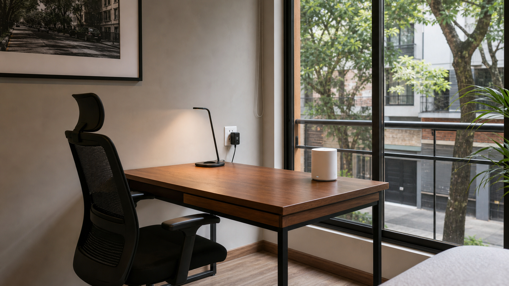 Escritorio, enchufes y router de Wi-Fi dentro de un departamento amueblado que se revisa para una renta flexible de trabajo remoto en CDMX.