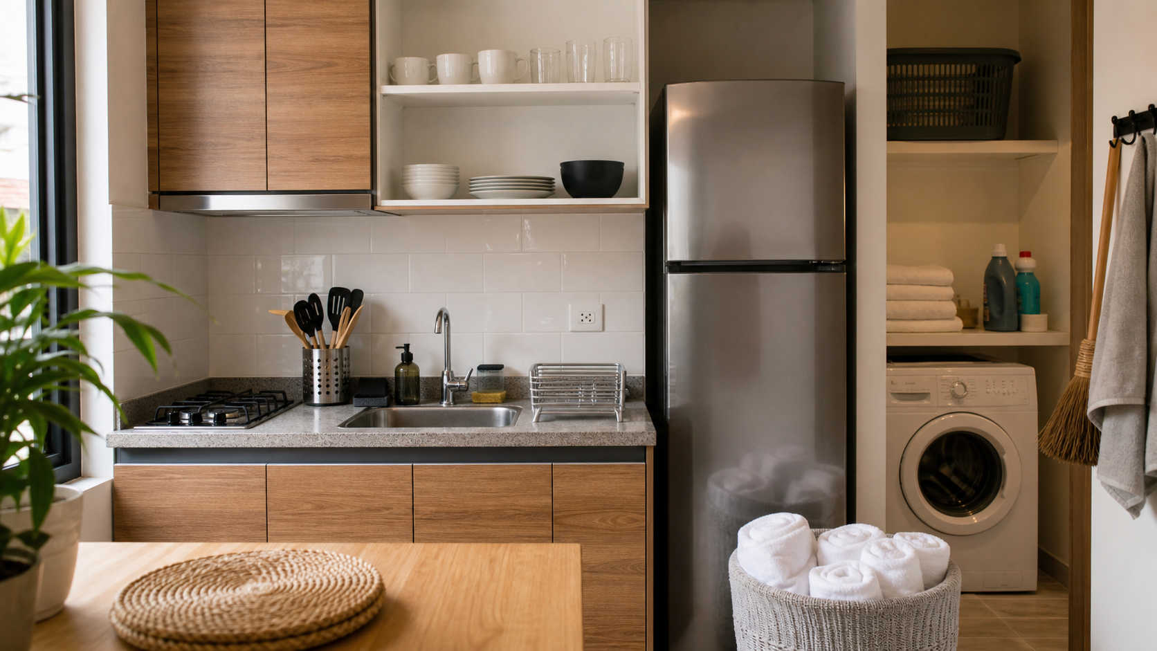 Cocina equipada, toallas, lavandería y básicos de limpieza que deben confirmarse antes de llamar flexible a un departamento amueblado en CDMX.