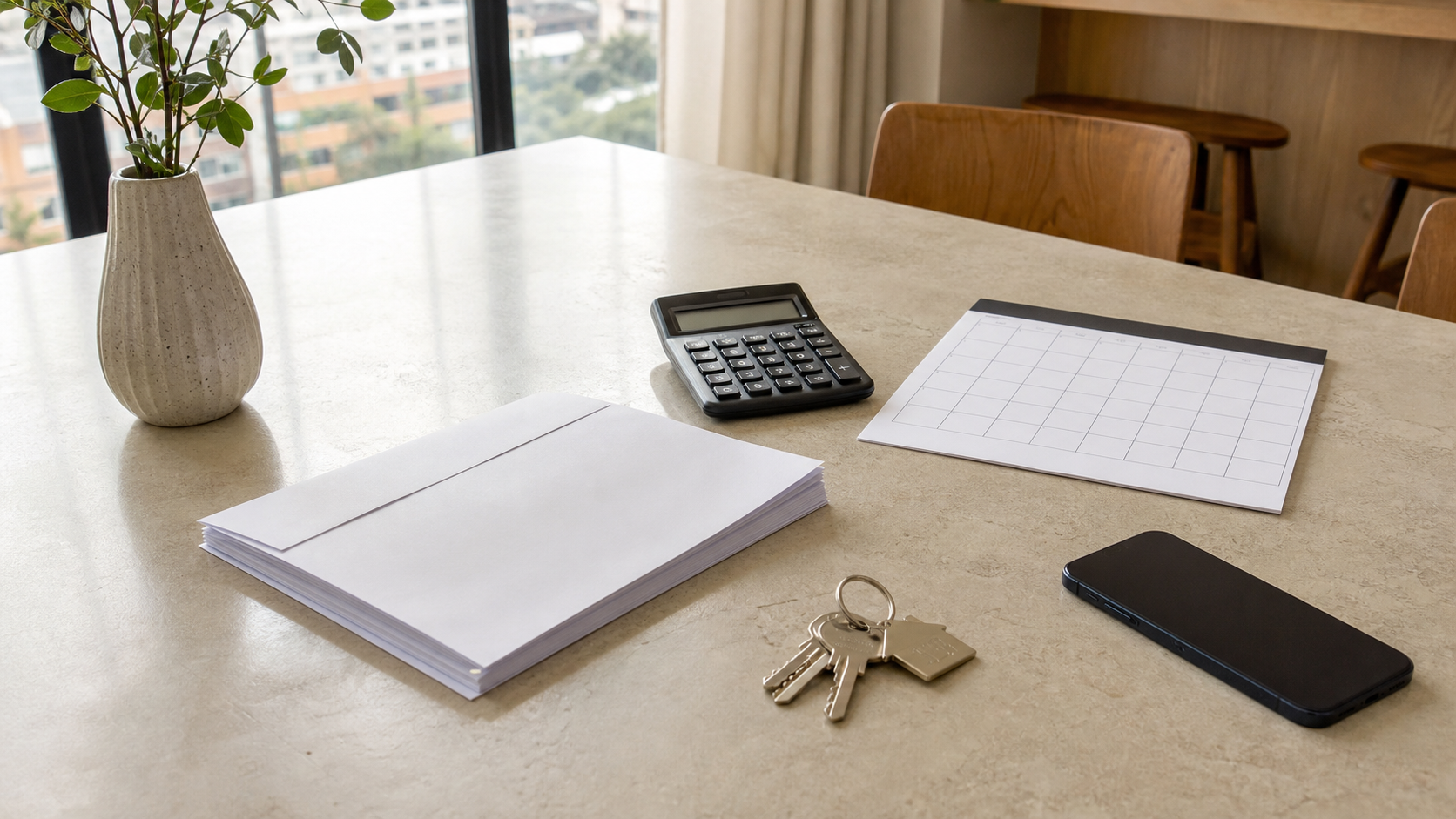 Llaves, calculadora y documentos sin texto legible para confirmar precio total, fechas, servicios y reglas antes de pagar una renta flexible en CDMX.
