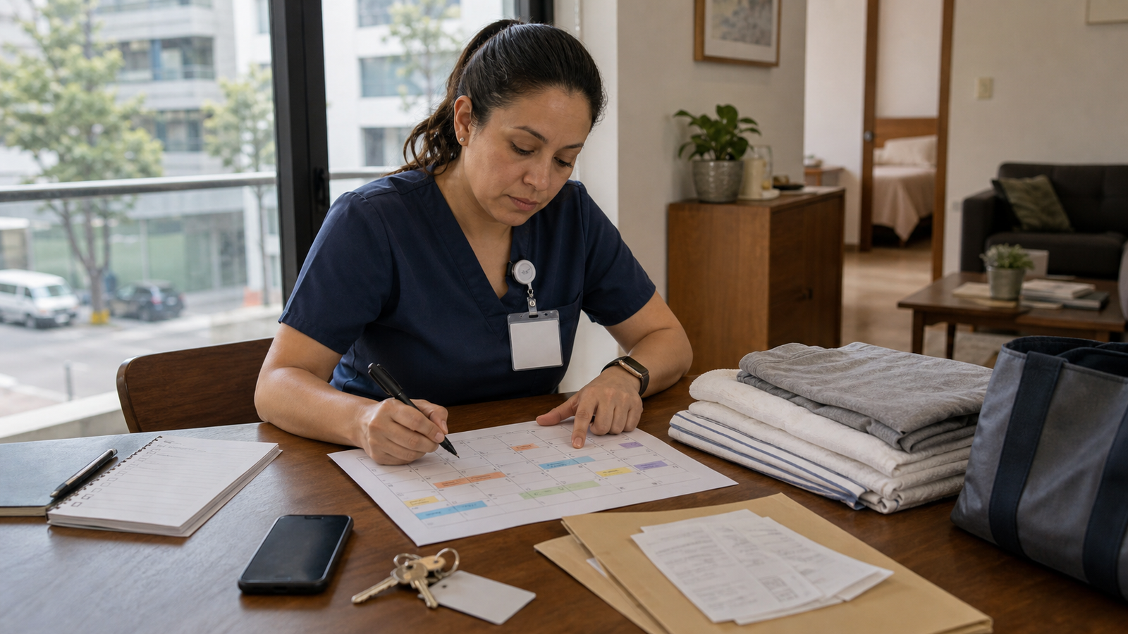 Nursing staff direct booking checklist with apartment keys, laundry, kitchen items, and receipt folder for a monthly Mexico City hospital stay.