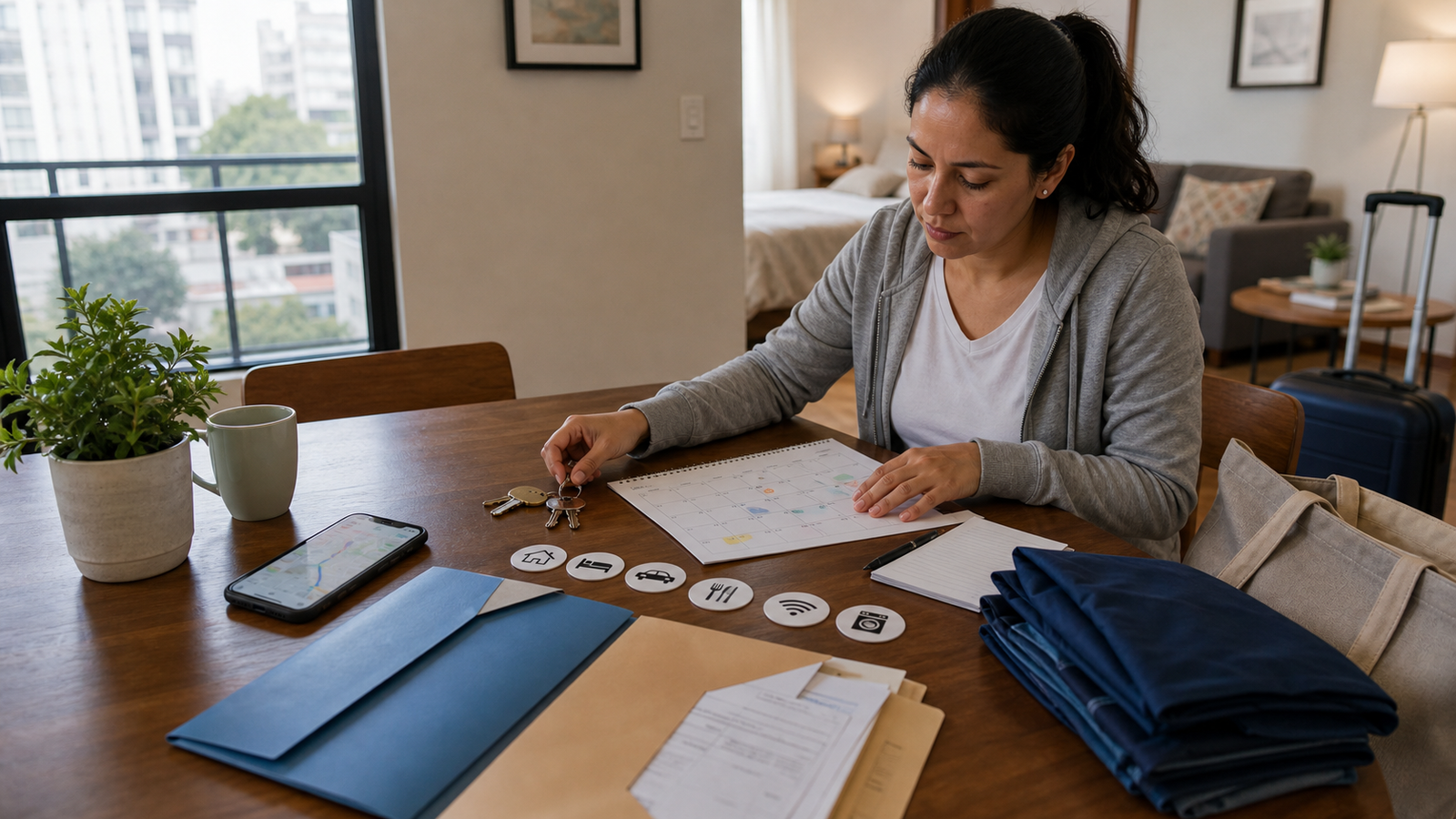 Guest reviewing keys, route, calendar, paperwork, and apartment essentials before booking a monthly medical-adjacent stay in Mexico City.