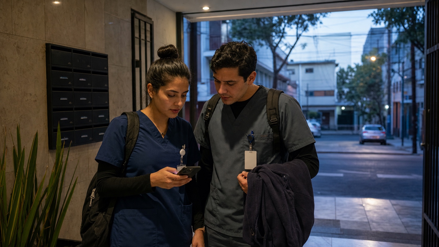 Dos residentes medicos revisan la ruta de salida temprana desde un edificio en Doctores hacia Centro Medico Siglo XXI