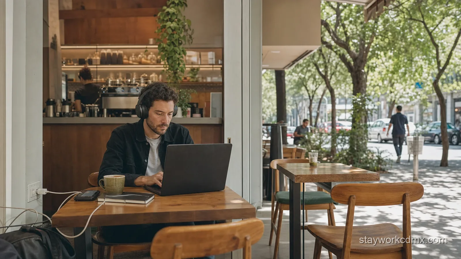 A Condesa remote worker using a café as an afternoon backup after important calls at home.