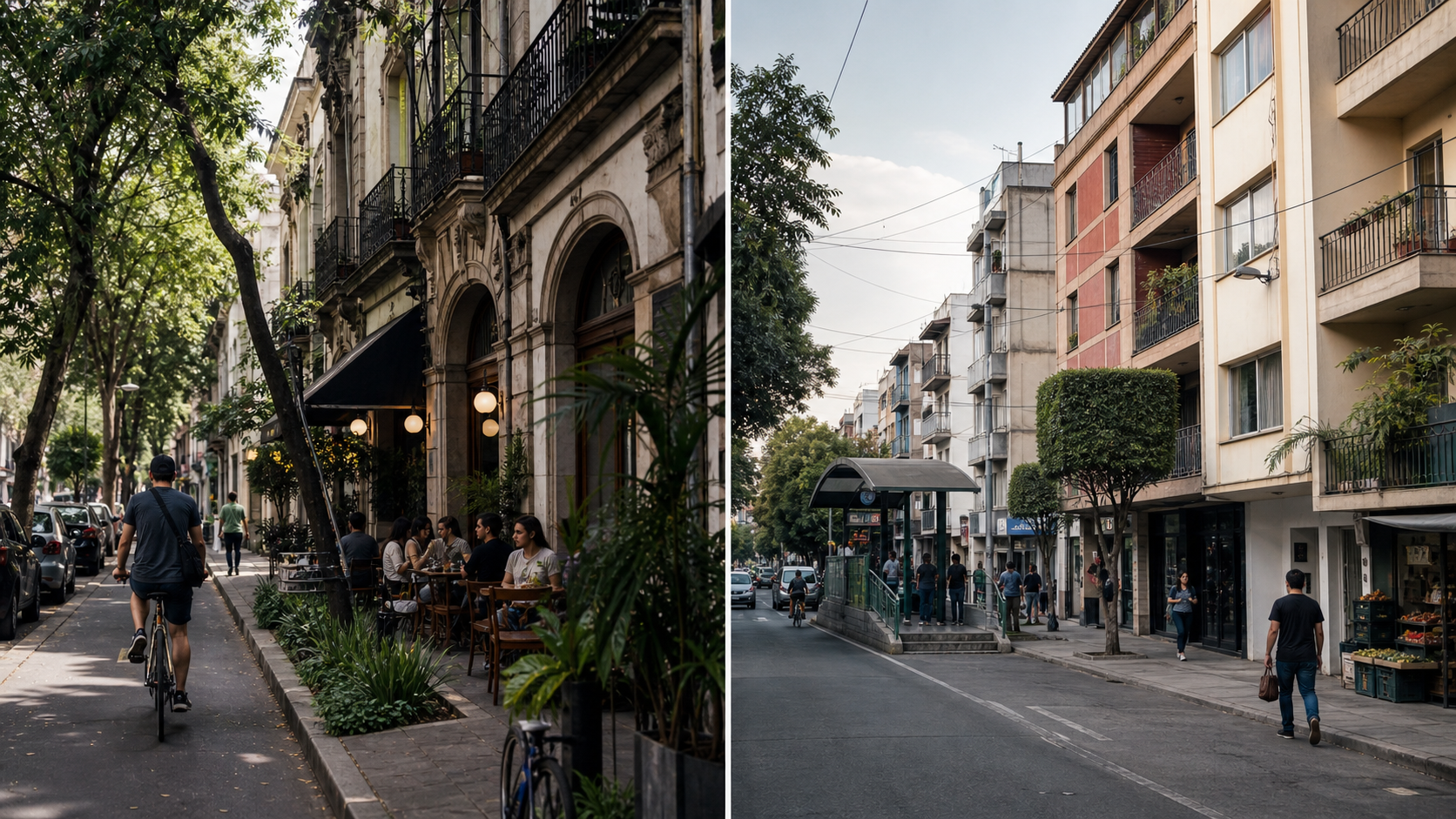 Comparación editorial de calles en Roma Condesa y Narvarte Benito Juárez que muestra el intercambio entre estilo de vida céntrico y mejor valor de renta en CDMX.