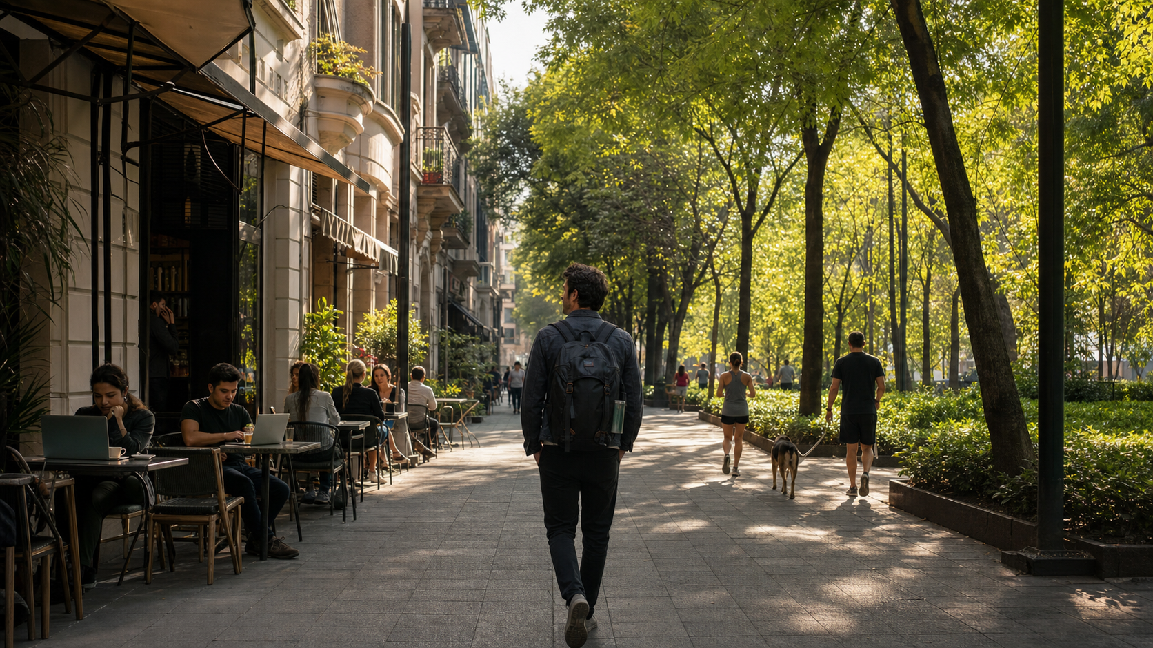 Remote worker walking between Roma Norte cafe energy and a calmer Condesa park routine during a monthly stay in Mexico City.
