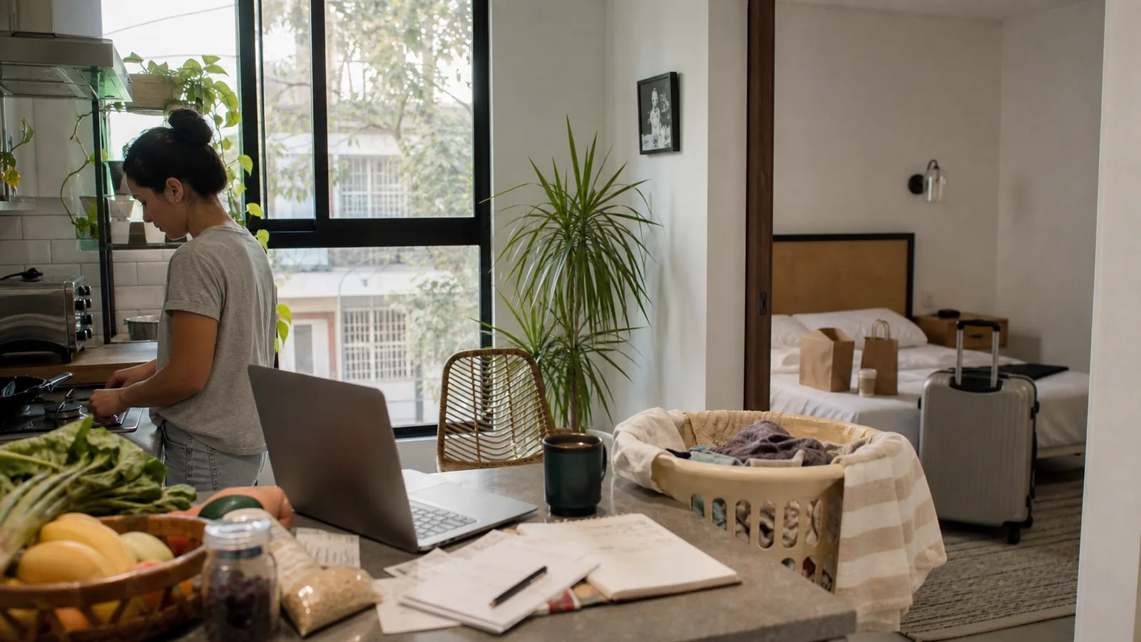 A Roma Norte monthly stay scene comparing hotel and furnished apartment routines for a 30-night cost example in Mexico City.