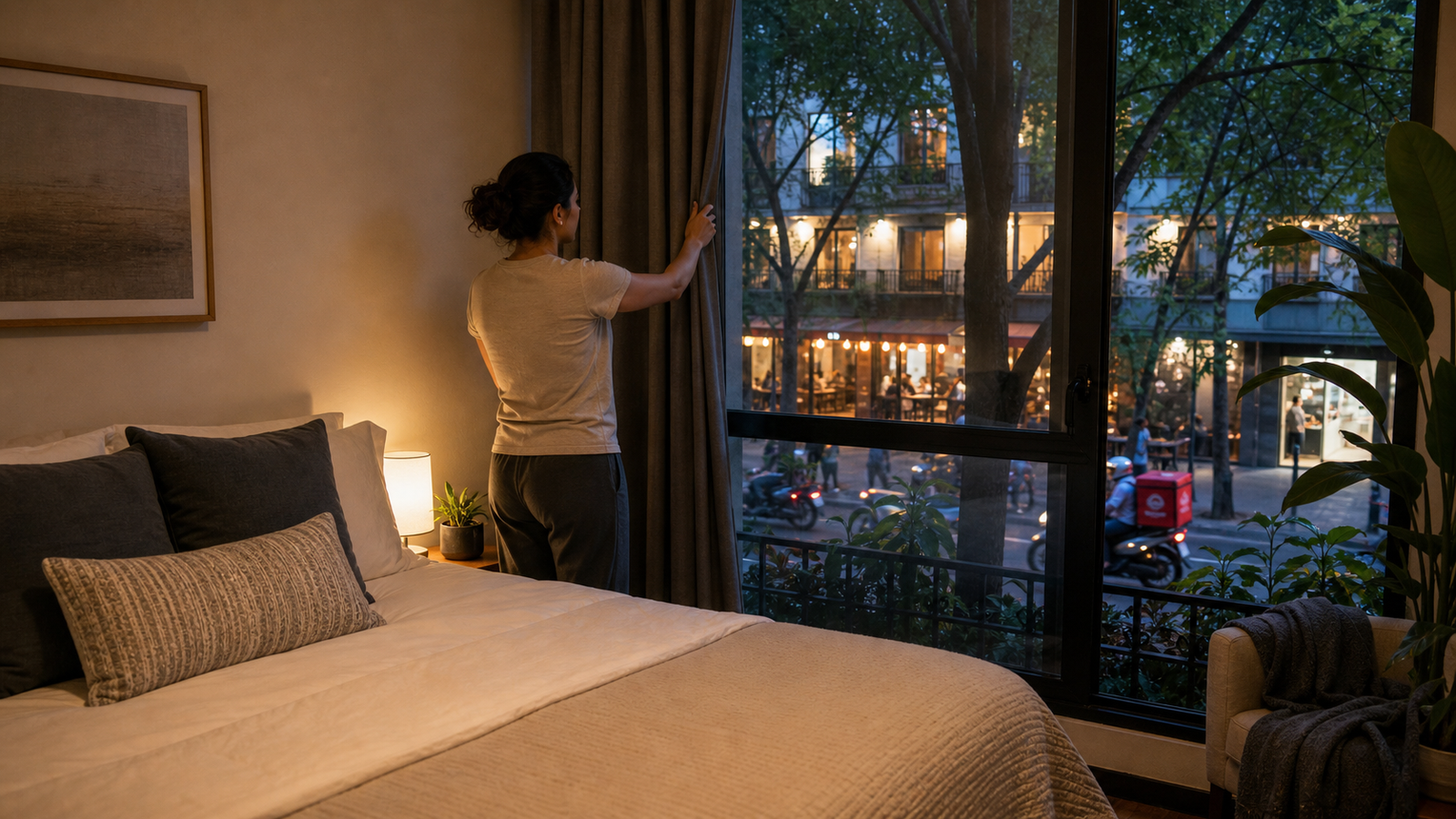 Recámara en Roma Norte con ventana y cortinas cerrándose frente a calle activa para evaluar descanso y ruido antes de reservar 30 noches.