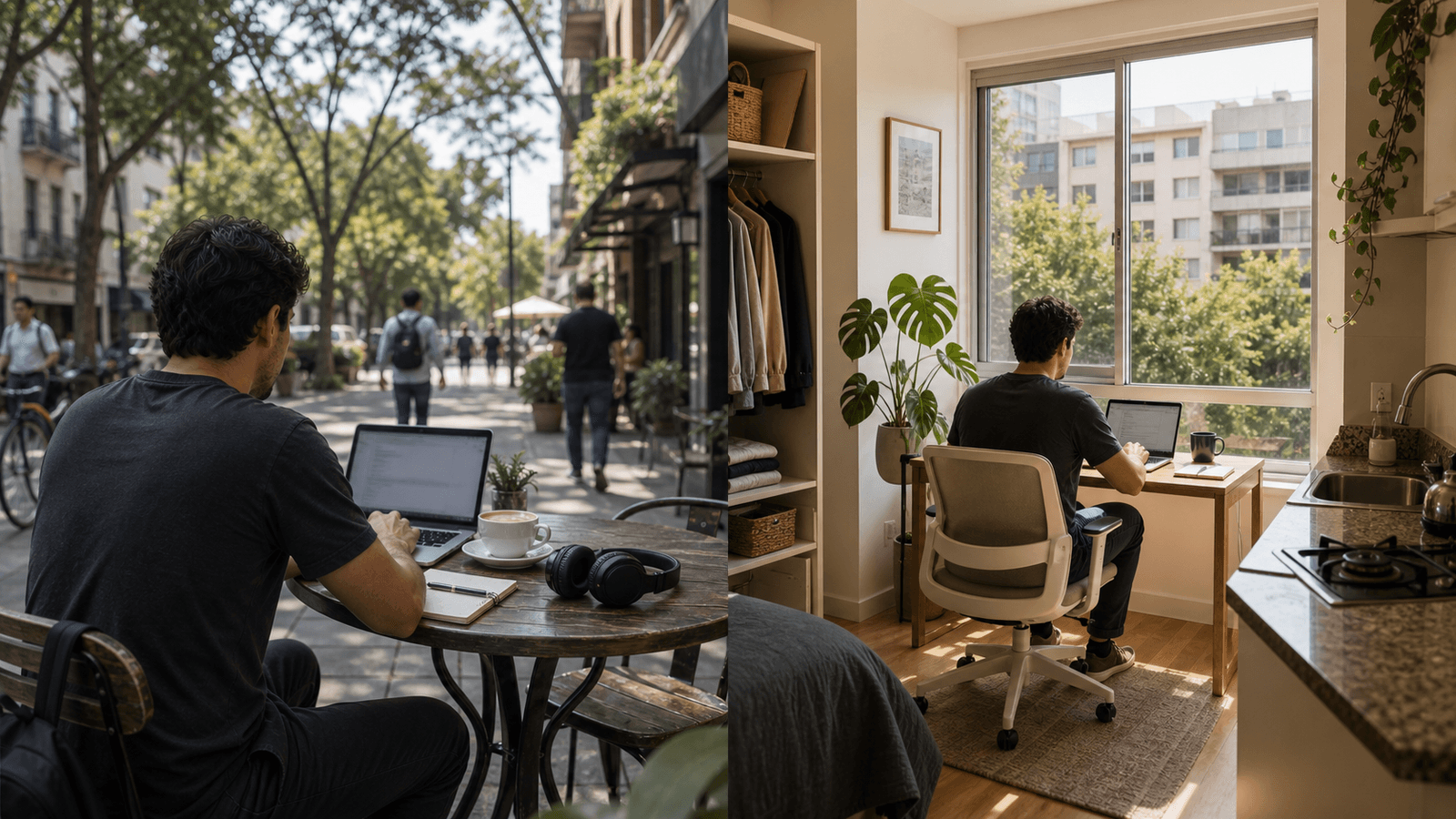 Digital nomad comparing a busy Roma Norte cafe workday with a quieter Narvarte apartment setup for remote work in Mexico City.