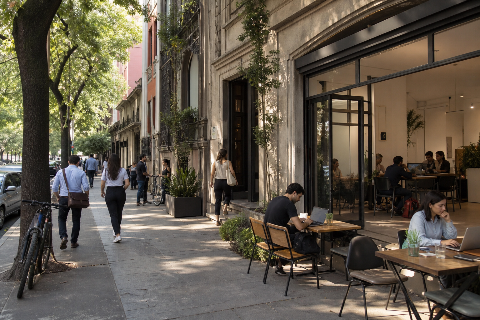 Remote workers share a community-focused mid-range coworking table in Roma Norte and Condesa, Mexico City.