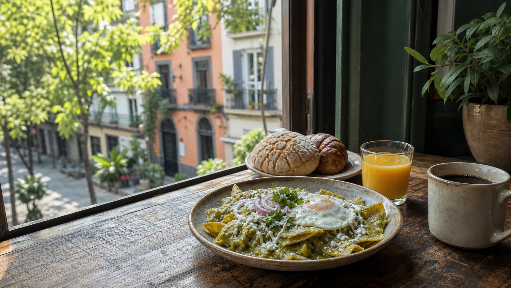 Chilaquiles, pan dulce and coffee on a neighbourhood table in Roma Norte, Mexico City