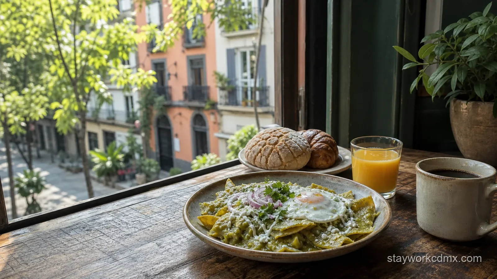 Chilaquiles, pan dulce and coffee on a neighbourhood table in Roma Norte, Mexico City