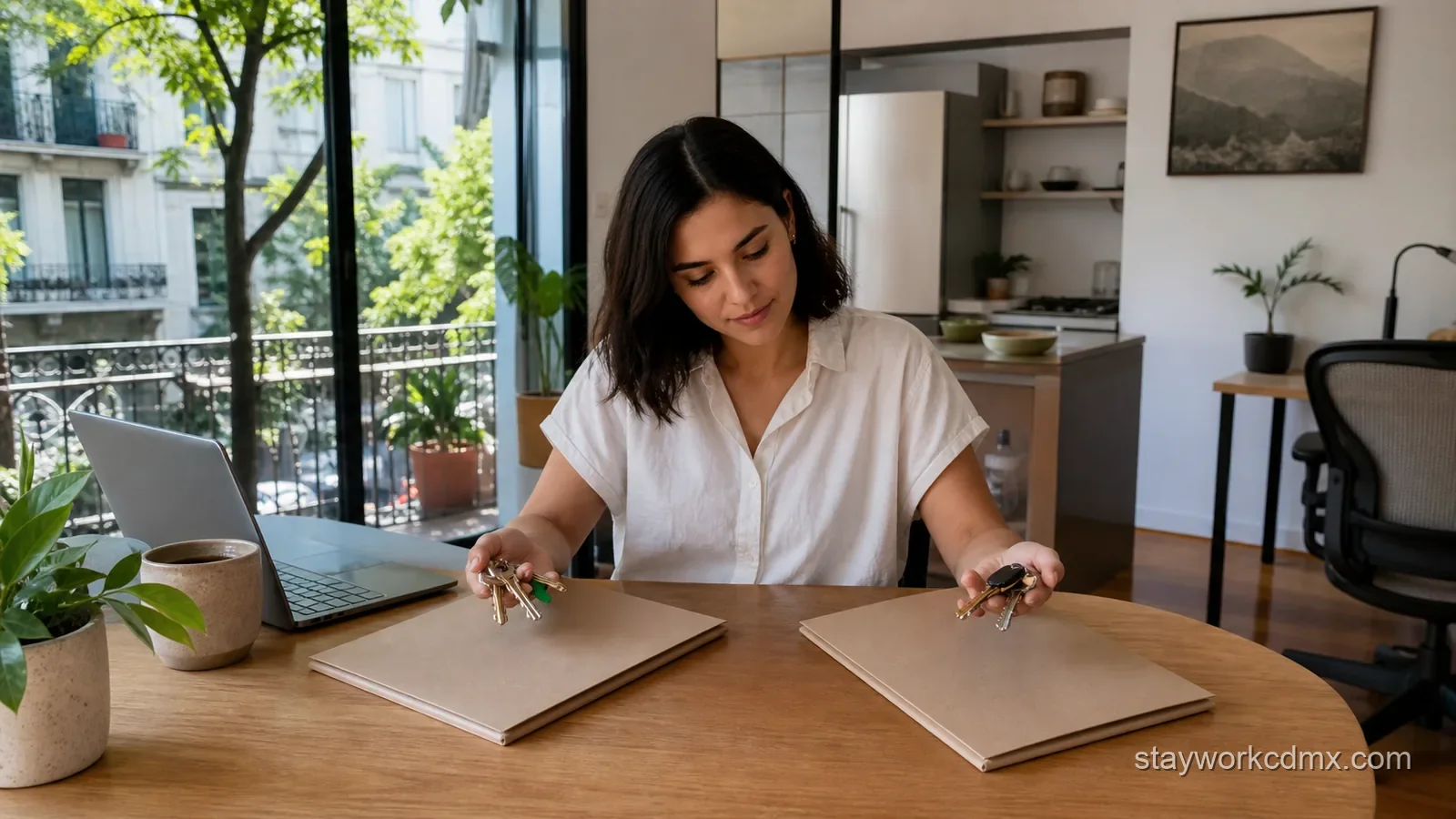Remote worker comparing two furnished monthly apartment options in Roma Norte, Mexico City, with included utilities and workspace features.
