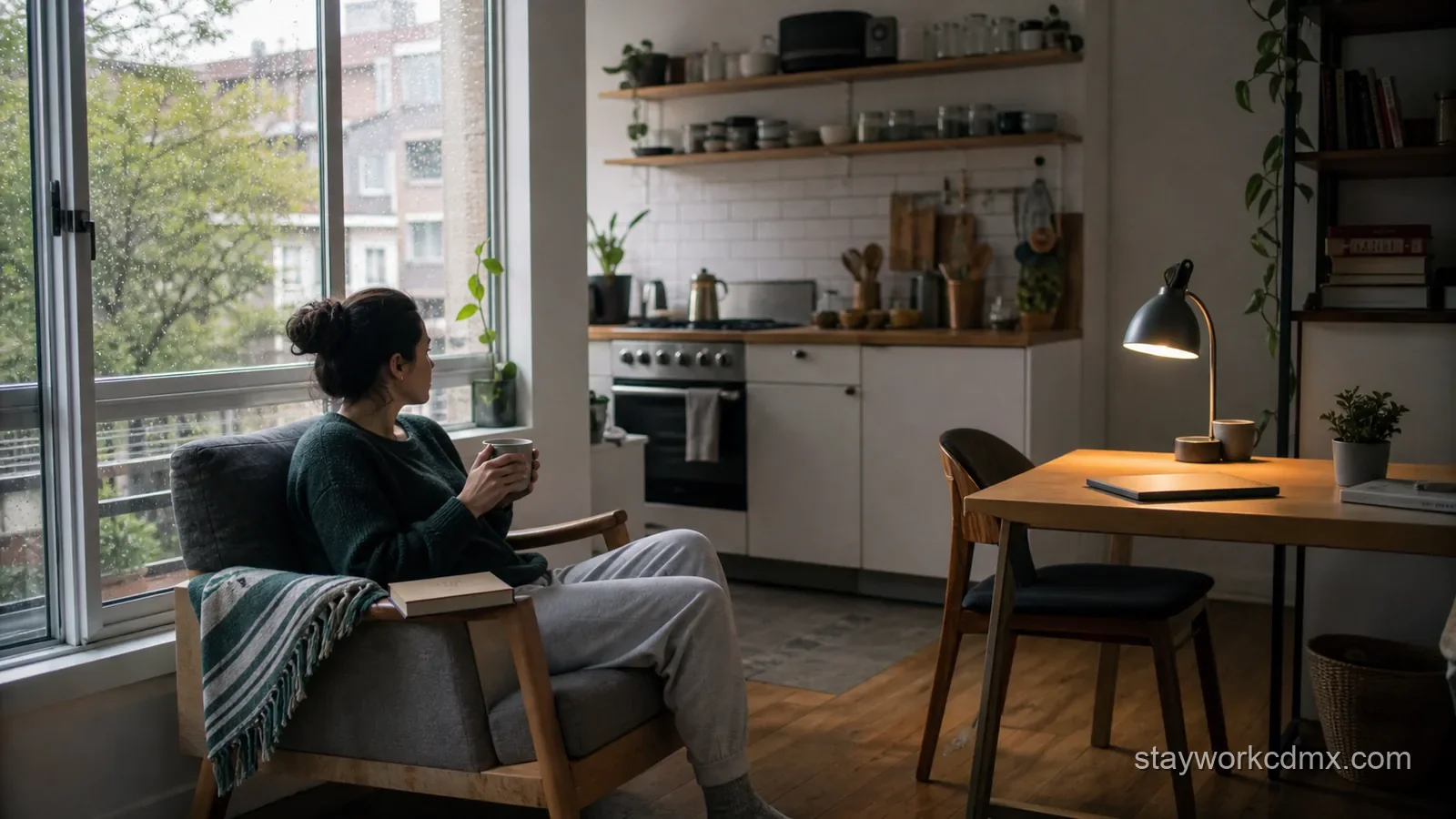 A remote worker takes a quiet recovery day inside a well-equipped Roma Norte furnished apartment during rainy weather.