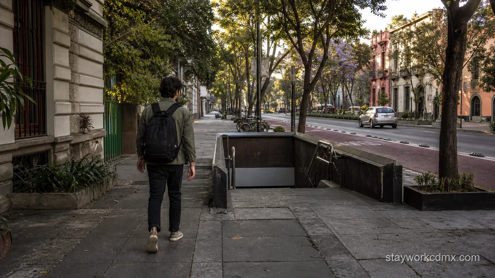 Remote worker with a laptop backpack walking toward an unmarked Mexico City Metro entrance beside a dedicated bus lane in Roma Norte.