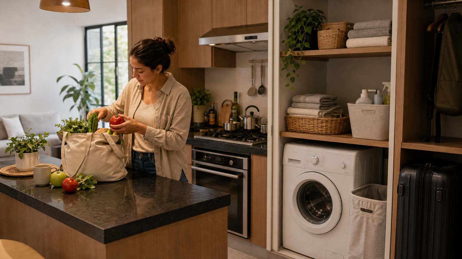Cocina, lavandería, toallas y espacio de guardado en departamento de Roma Norte para una estancia mensual de trabajo remoto.