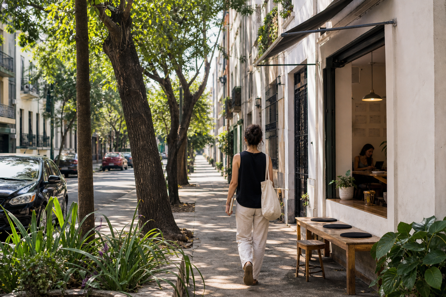 A leafy Roma Norte street walk toward neighborhood cafés