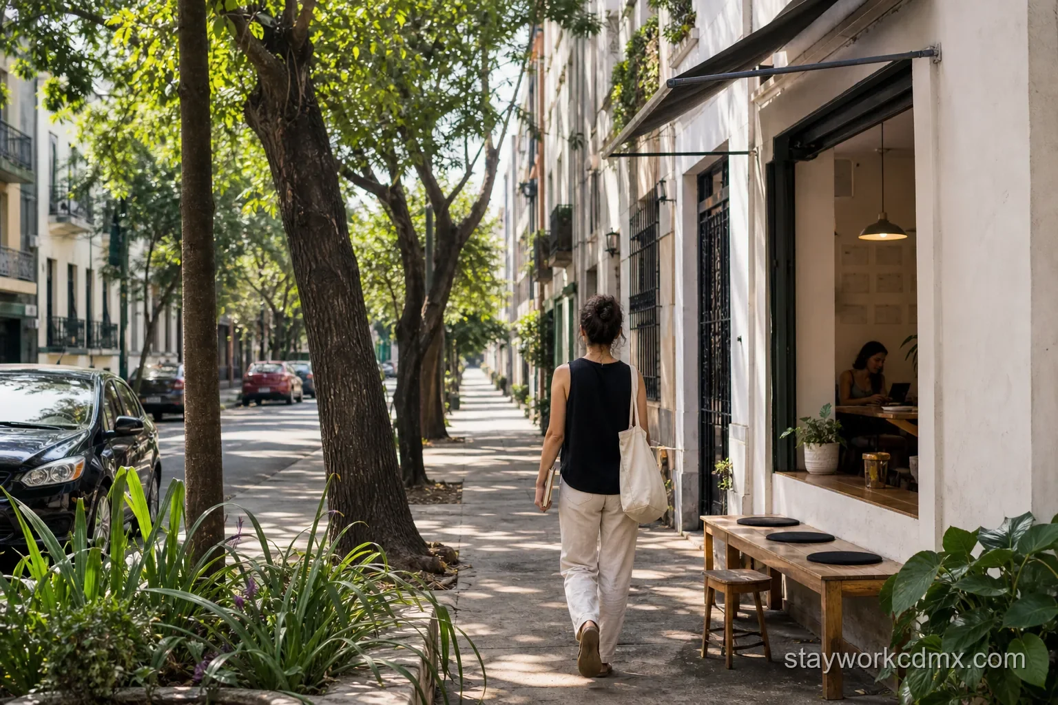 A leafy Roma Norte street walk toward neighborhood cafés