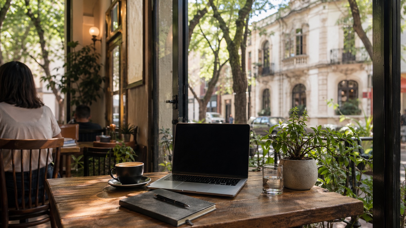 Trabajadores remotos usando laptops en un cafe arbolado de Roma Norte en Ciudad de Mexico.