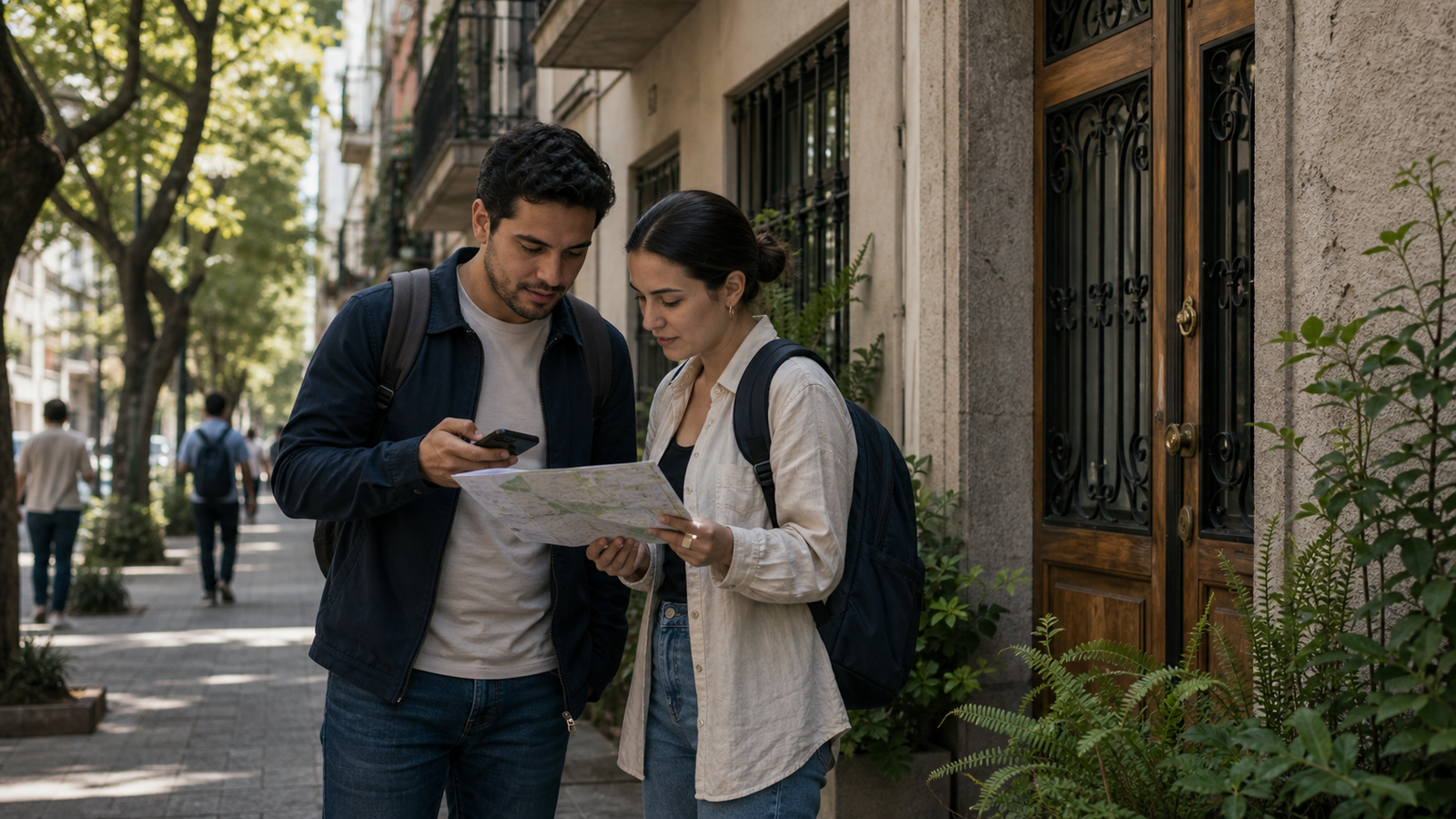 Two visitors review a map and phone outside a Roma Norte apartment building while choosing a more responsible monthly stay in Mexico City.