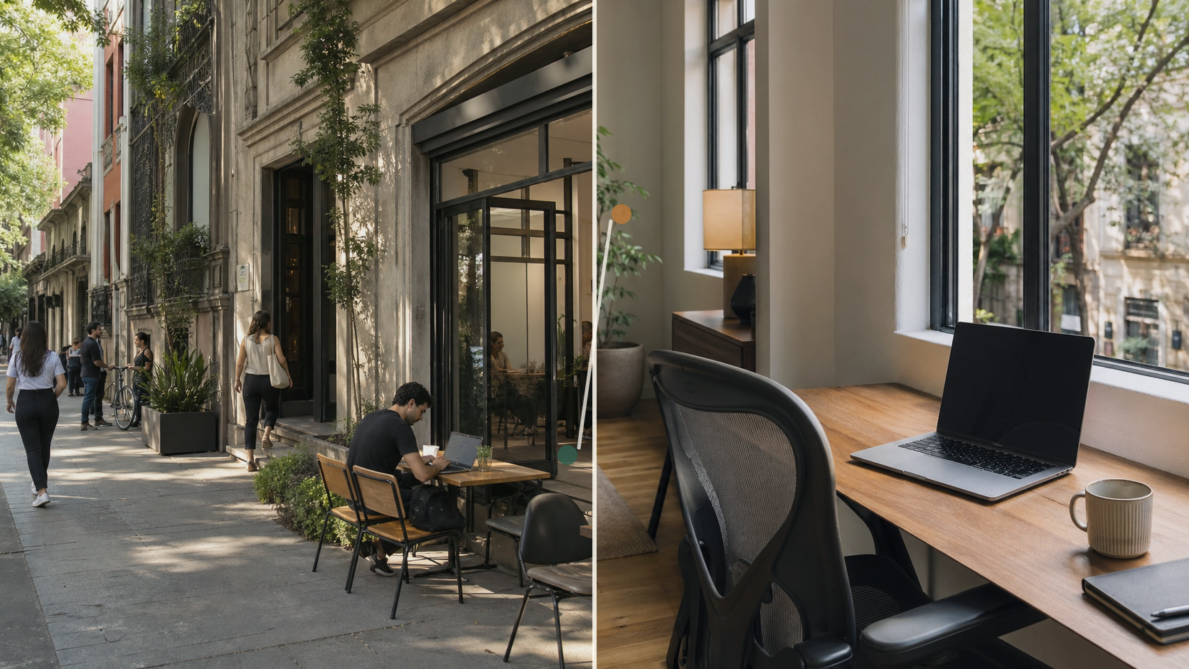 Remote-work setup comparing Roma Norte cafe and coworking density with a calmer Roma Sur apartment-first routine in Mexico City.