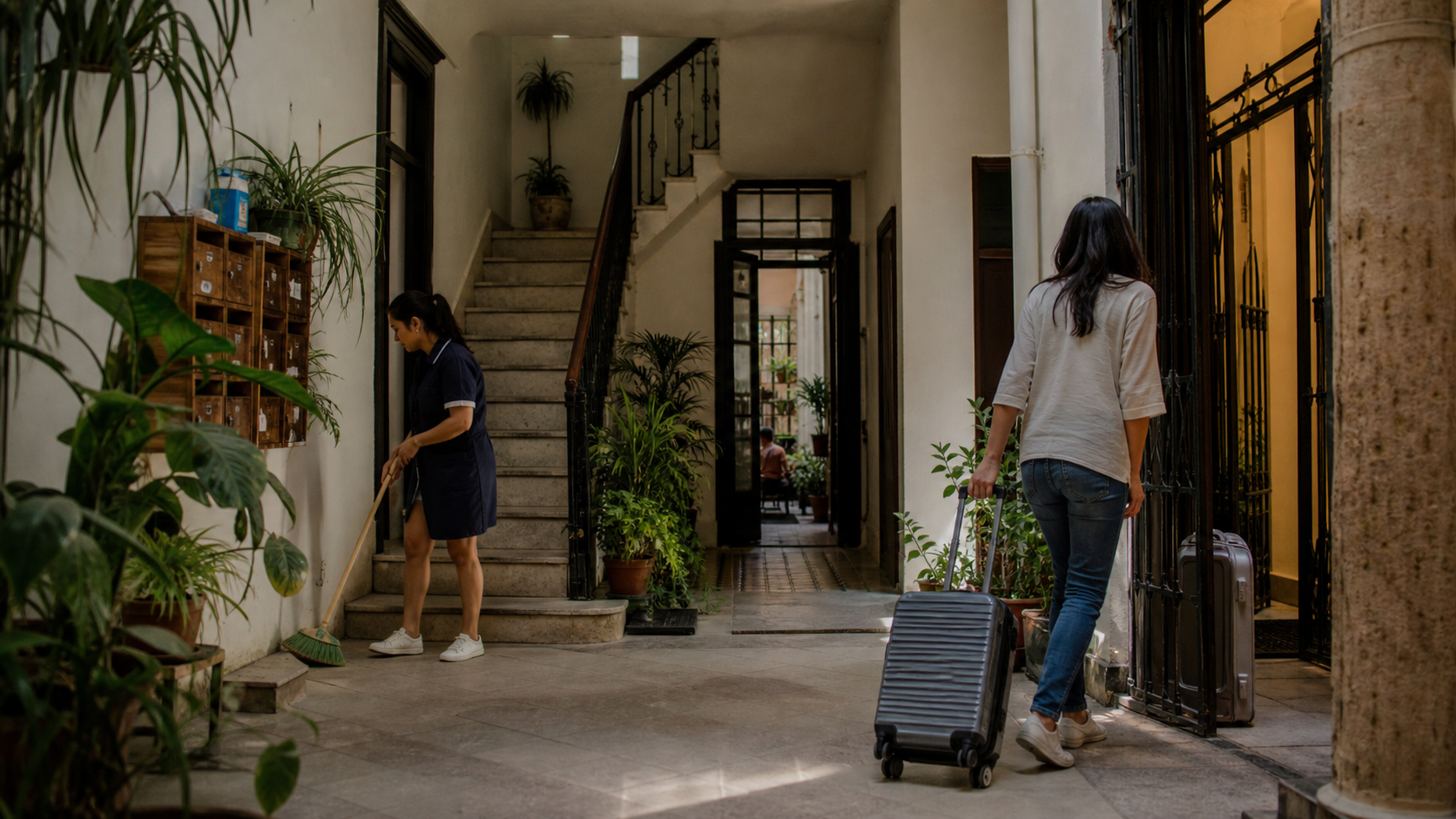 A central Mexico City apartment building lobby where visitor luggage and resident routines share the same residential space.