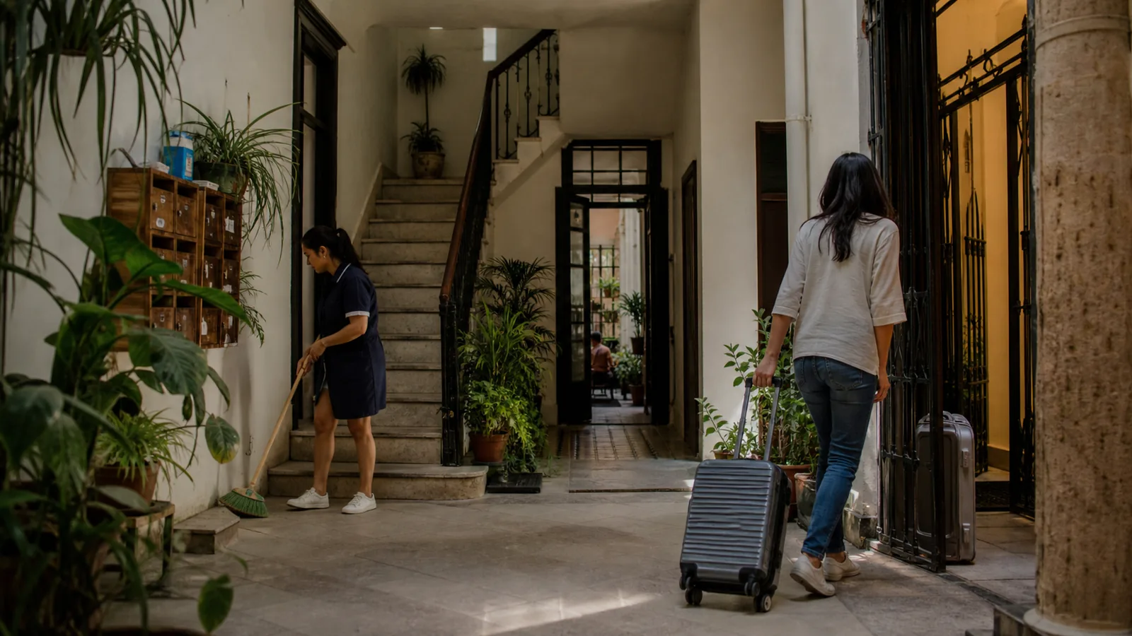 A central Mexico City apartment building lobby where visitor luggage and resident routines share the same residential space.
