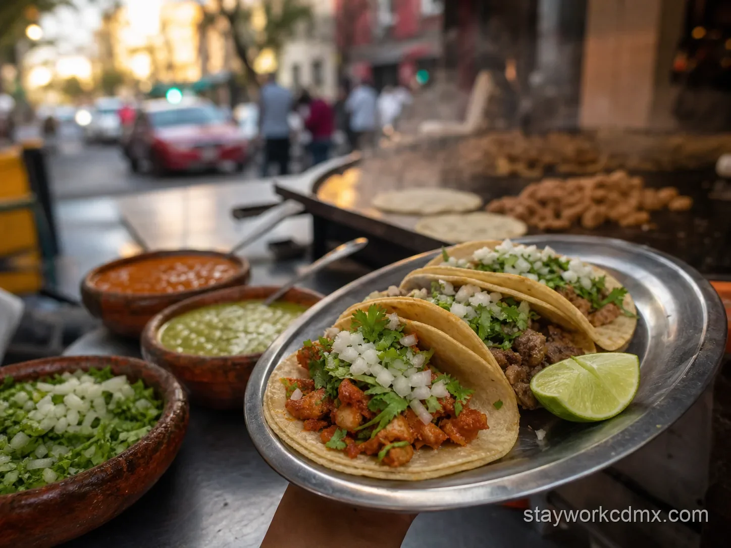 Tacos and antojitos callejeros at a Roma Norte neighbourhood stand