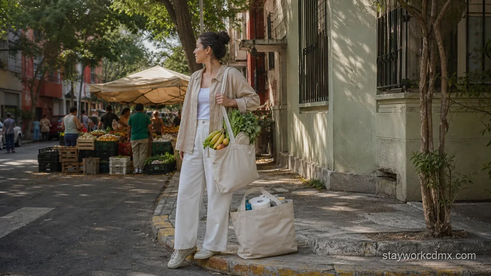 A Roma Norte resident carries fresh produce home from a practical Sunday market run during a monthly stay.