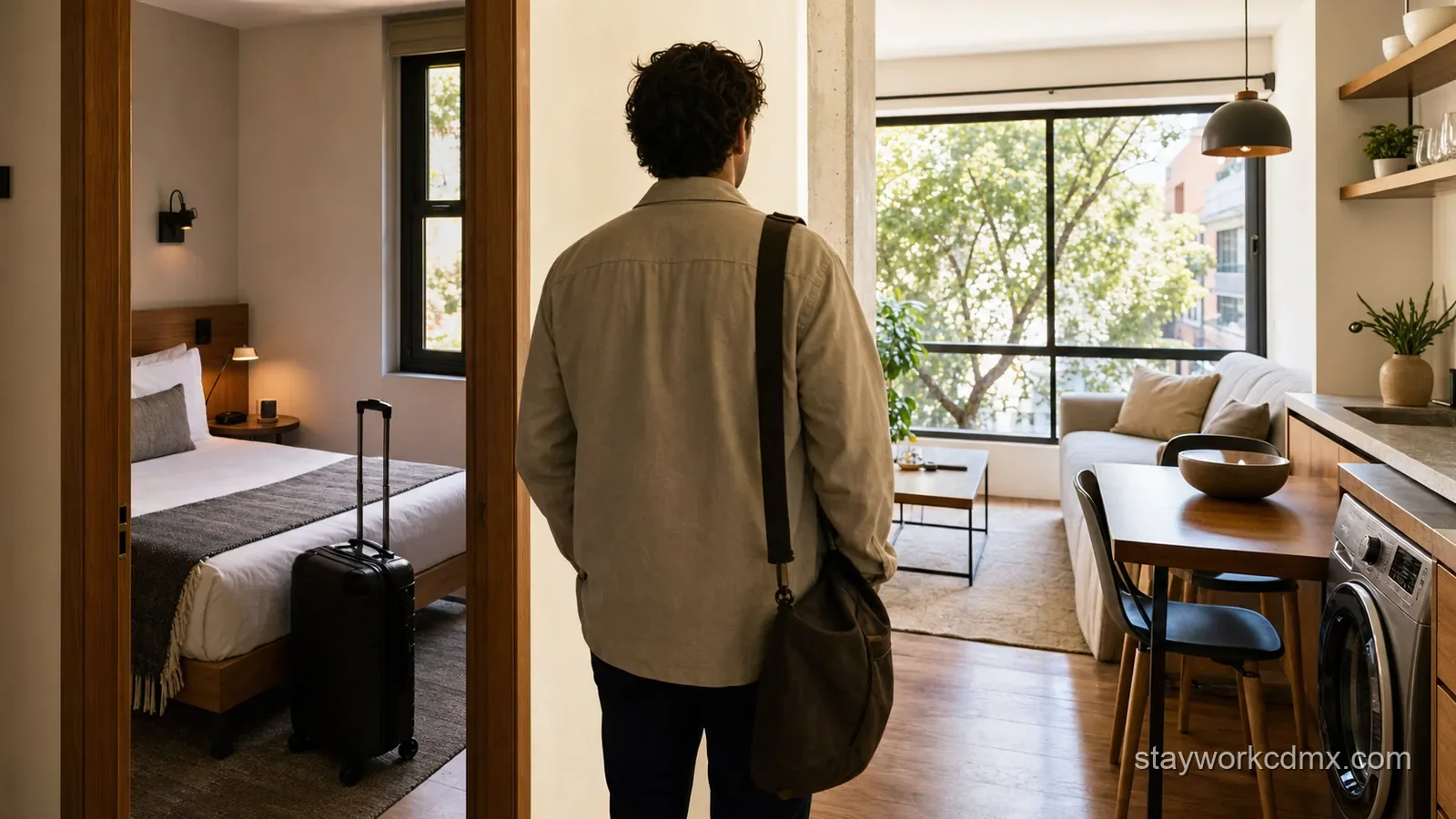 Traveler comparing the compact space of a 30-night Mexico City hotel stay with a spacious furnished apartment that includes a kitchen and laundry.