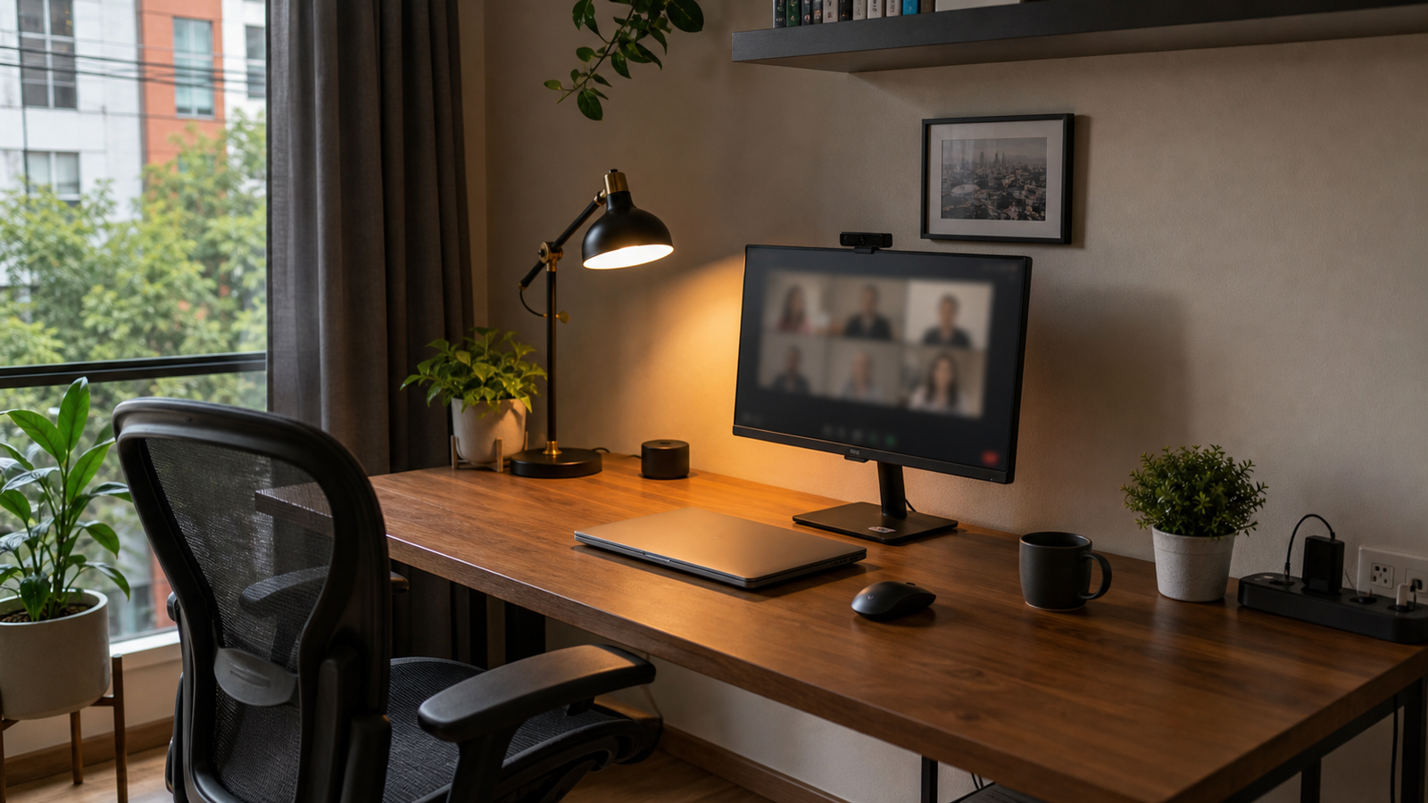 Workspace real en departamento de Roma Norte con silla usable, monitor, enchufes cerca, luz controlada y fondo limpio para llamadas.