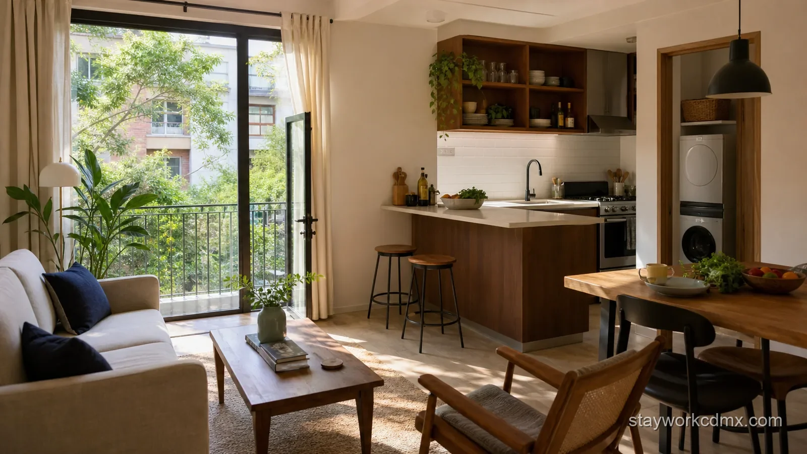 Bright Roma Norte vacation rental apartment with a private living room, equipped kitchen, balcony, and in-unit laundry.