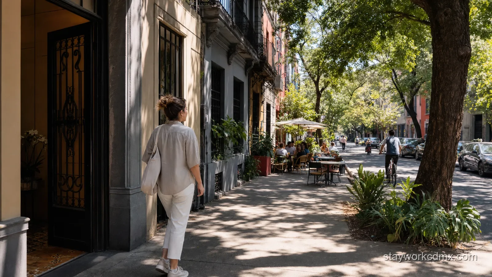 First-time visitor walks through Roma Norte from a vacation rental, passing leafy streets, independent cafés, and outdoor restaurant terraces.